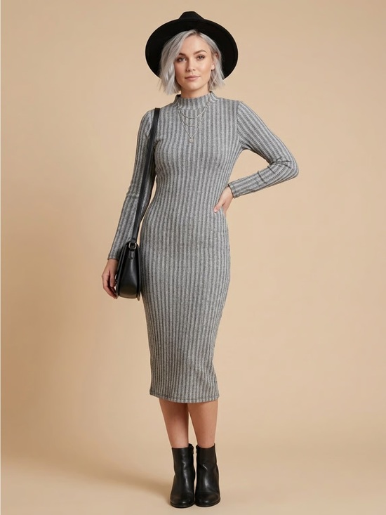 Zara Dresses & Skirts - ZARA | Gray Slim Ribbed Knit Long Sleeve Mock Neck Midi Dress Sz L